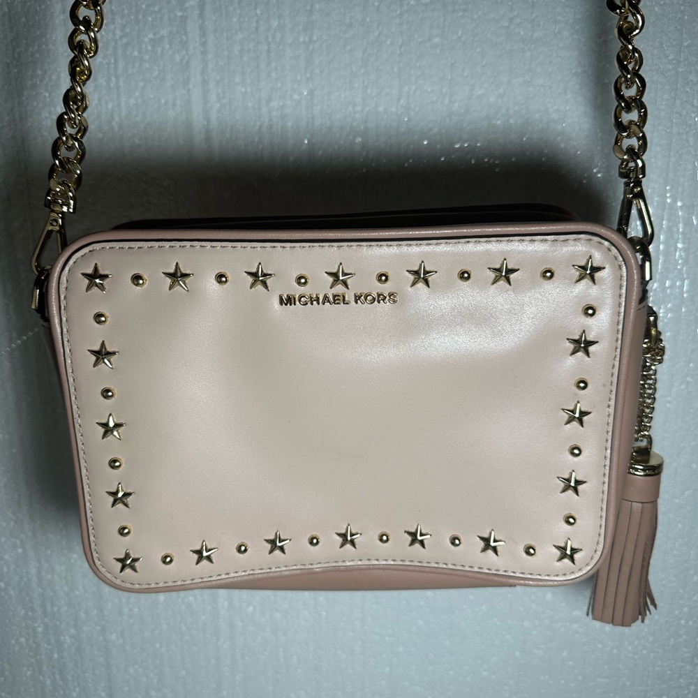 Michael Kors Star-Studded Leather Crossbody with Tassel Light pink BLUSH color